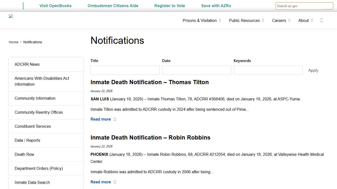 Notifications Arizona Department of Corrections, Rehabilitation & Reentry